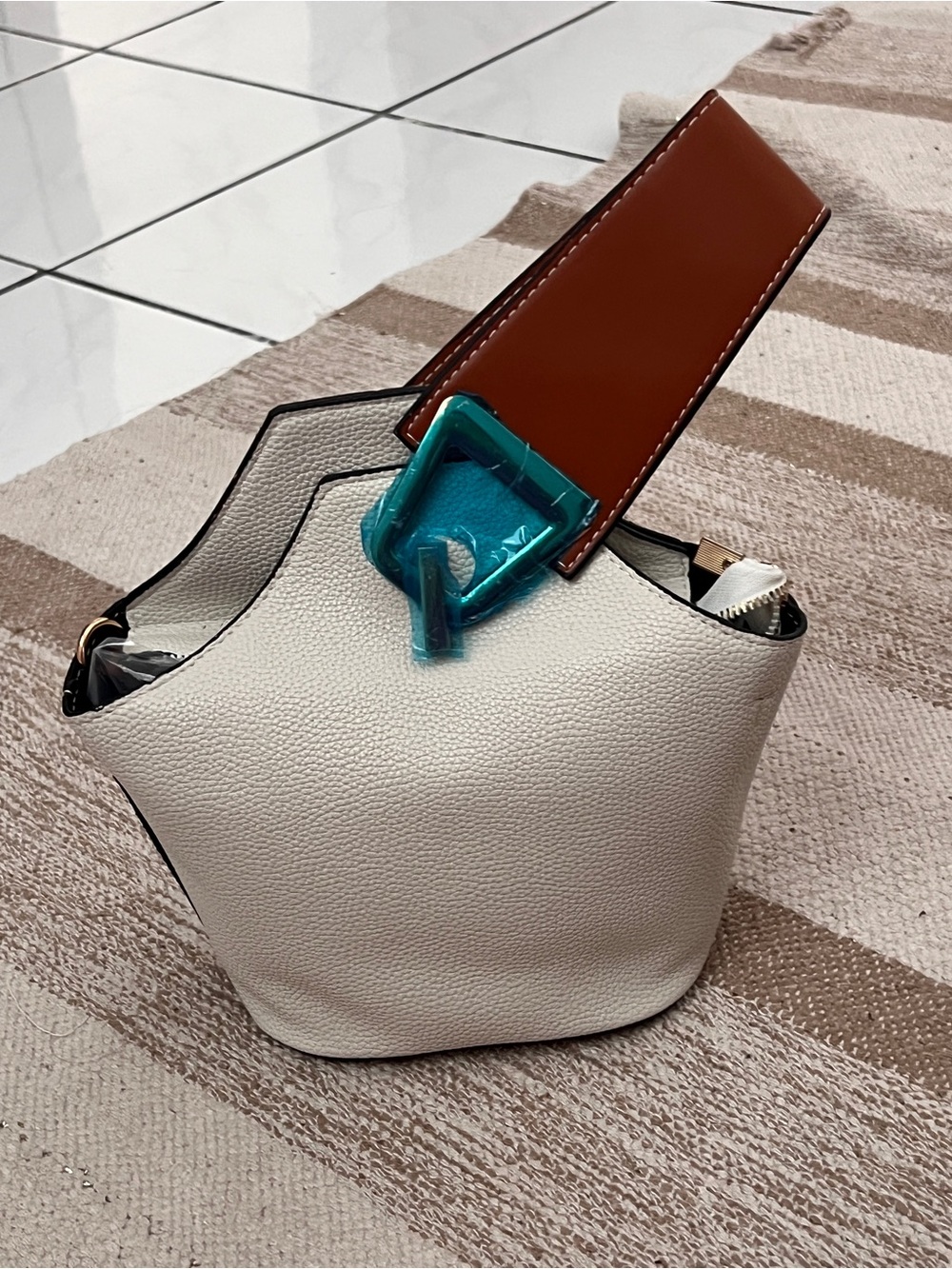 Minimalist White Leather Shoulder Bag with Brown Strap